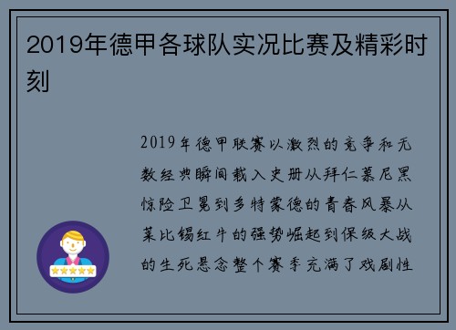 2019年德甲各球队实况比赛及精彩时刻