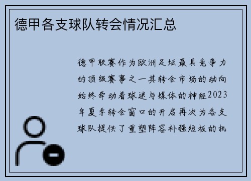 德甲各支球队转会情况汇总